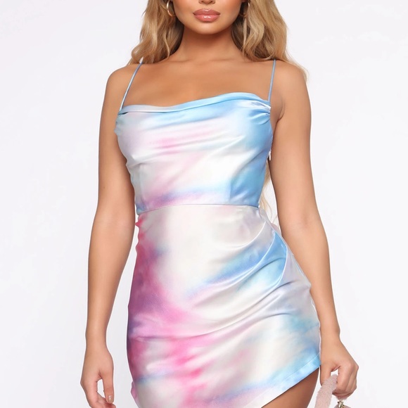 On Cloud Nine Satin Mini Slip Dress - Blue/Pink - Picture 1 of 4